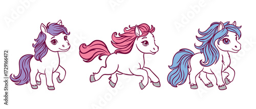 Vector illustration of three cute cartoon ponies with colorful manes in pink, purple, and blue. Adorable pony characters perfect for children’s designs, stickers, cards, and toys