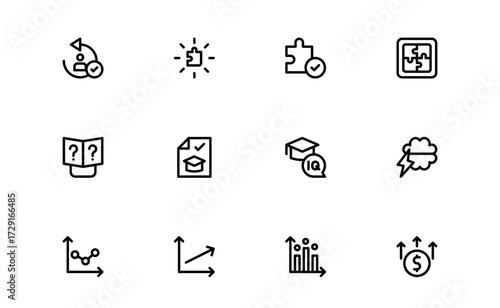 Minimal Analytical Reasoning Icons Set. Clean, simple icons of logical thinking, puzzles, and decision-making designed for apps, websites, and presentations.