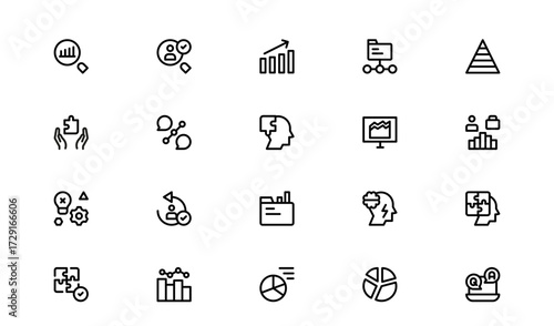 Modern Analytical Reasoning Icons Pack. Includes flat and outline illustrations of puzzles, brain activities, logic, and analysis tools for apps and websites.