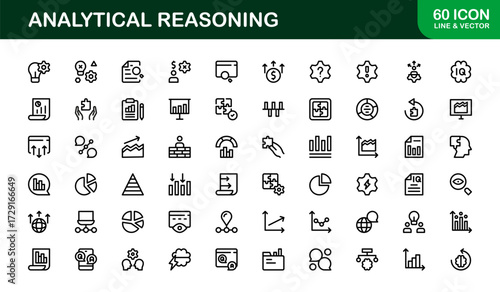 Outline Analytical Reasoning Icons Collection. Linear icons of puzzles, decision trees, thinking, and problem-solving ideal for presentations and business use.