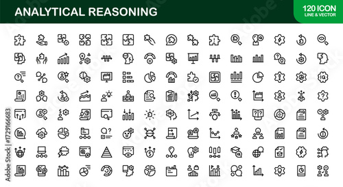 Flat Analytical Reasoning Icons Set. Modern illustrations of problem-solving, logic, mind maps, puzzles, and decision-making in a clean flat style for business projects.