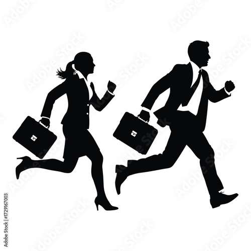 Business people running silhouettes with briefcases dynamic corporate race scene silhouette