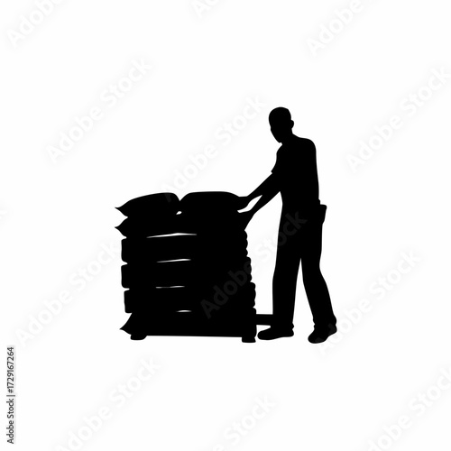 Silhouette of worker stacking feed sacks in storage room isolated on white background