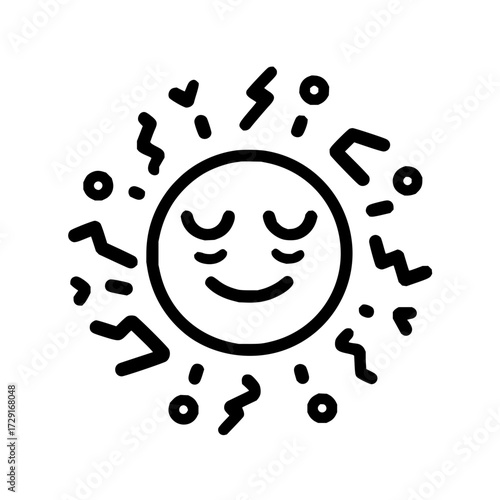 Stylized sun with closed eyes and a smile surrounded by abstract shapes and circles in black outline