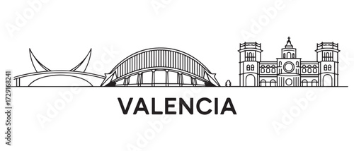 Valencia Line Art skyline banner. Valencia, Spain. with white background