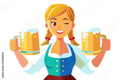 Smiling waitress in traditional dirndl holds two large beer mugs, embodying festive spirit at Oktoberfest celebration, showcasing joy and cultural heritage