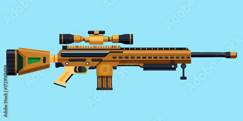 Detailed illustration of a modern sniper rifle featuring a sleek design, equipped with a high-precision scope, showcasing advanced technology and craftsmanship in weaponry