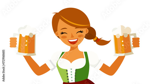 Smiling waitress in traditional dirndl holds two large beer mugs, showcasing festive spirit and celebration at Oktoberfest, embodying joy and cultural heritage