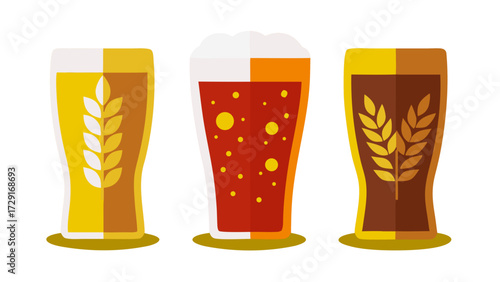 Three distinct beer glasses showcasing lager, stout, and ale, beautifully arranged to celebrate Oktoberfest, highlighting the festive atmosphere and vibrant colors of the celebration