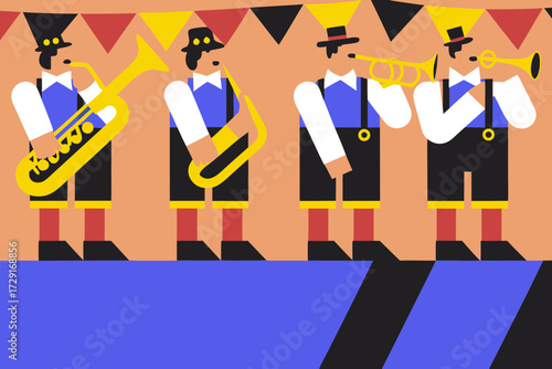 Vector illustration of a Bavarian brass band playing lively music at a festive celebration, surrounded by colorful decorations and joyful ambiance, capturing the spirit of Oktoberfest