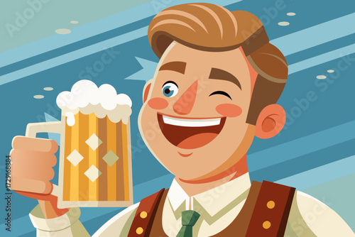 Vector illustration of a smiling man in lederhosen holding a beer mug, celebrating Oktoberfest with festive atmosphere and vibrant colors, embodying joy and tradition