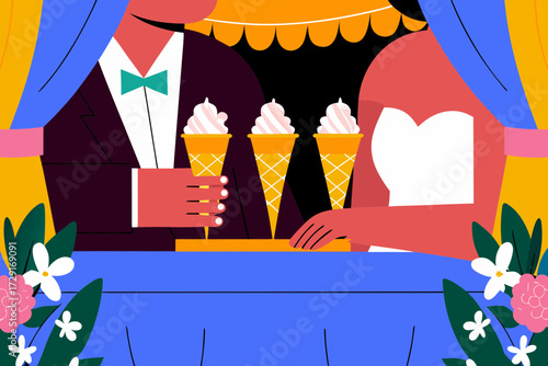 Vector isolated design of a wedding ice cream station featuring colorful cones, scoops, and floral ribbon decorations, creating a delightful dessert experience for guests