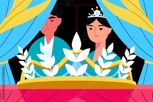 Vector isolated wedding crown featuring Greek laurel leaves and Japanese origami cranes, symbolizing love and unity in a beautifully crafted design for special occasions