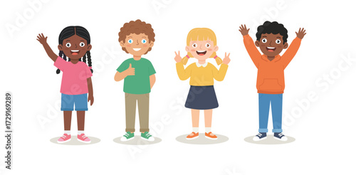 Happy Diverse Group of Kids Standing Together, Cartoon Vector Illustration of Children Smiling with Different Hand Gestures on White Background