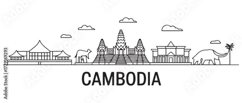 Cambodia Line Art skyline. Travel Cambodia famous landmarks. with white background