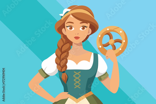 Young woman in a dirndl dress with braided hair holds a pretzel, celebrating Oktoberfest, surrounded by festive decorations and vibrant atmosphere, embodying cultural traditions and joy