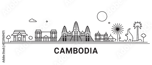 Cambodia Line Art skyline. Travel Cambodia famous landmarks. with white background