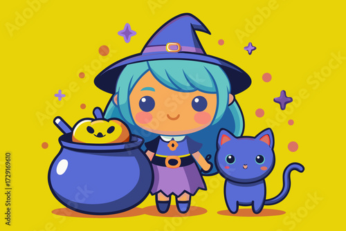 Cute cartoon witch with blue hair wearing a purple dress and hat, standing beside a black cat, with a bubbling cauldron and magical elements in a vibrant yellow background