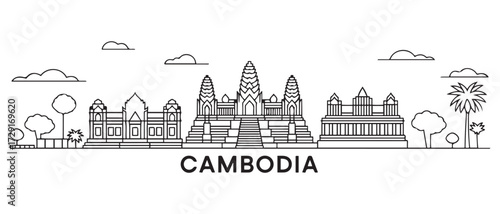 Cambodia Line Art skyline. Travel Cambodia famous landmarks. with white background
