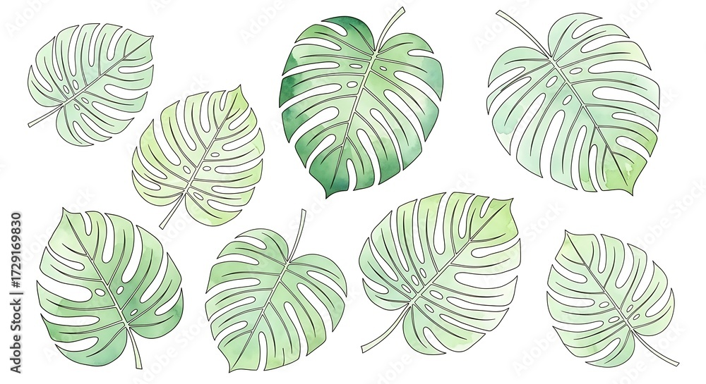 Fototapeta premium Watercolor Monstera Leaves Seamless Pattern with Delicate Green Tones