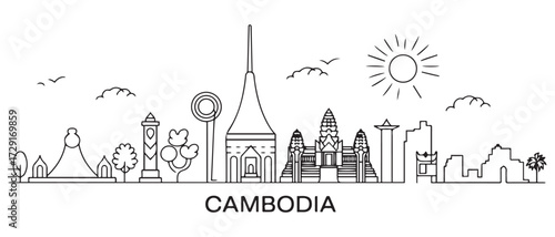 Cambodia Line Art skyline. Travel Cambodia famous landmarks. with white background