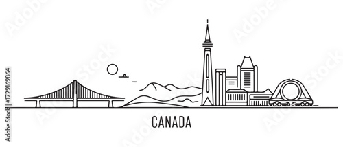 Canada Line Art skyline. Travel Canada famous landmarks. with white background