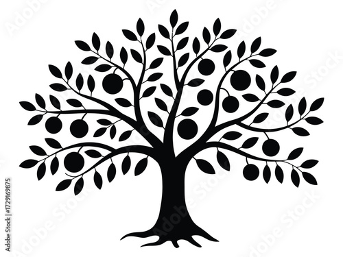 Abstract black tree featuring purple fruit accents, artistic vector illustration on black backdrop