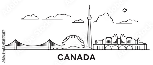 Canada Line Art skyline. Travel Canada famous landmarks. with white background