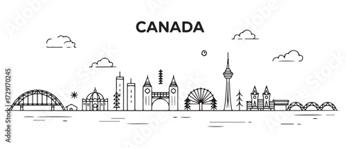 Canada Line Art skyline. Travel Canada famous landmarks. with white background