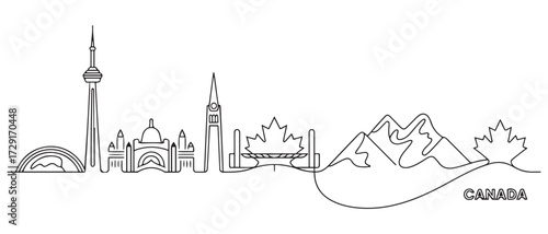 Canada Line Art skyline. Travel Canada famous landmarks. with white background