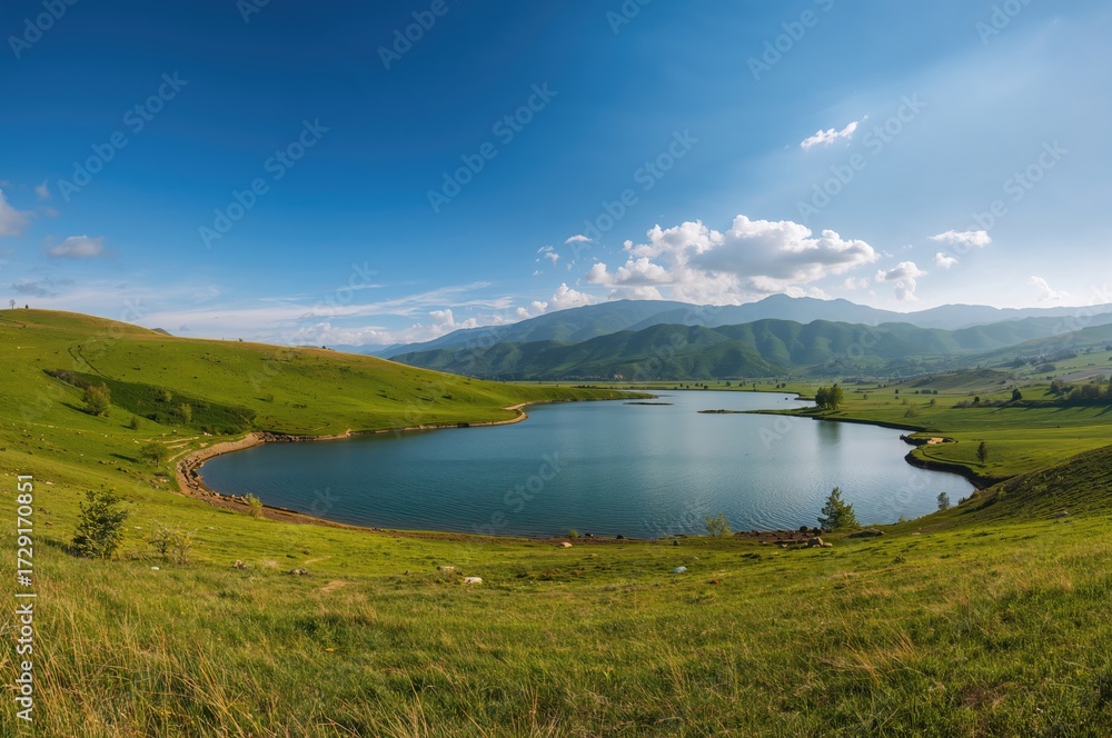 Obraz premium A body of water surrounded by rolling hills