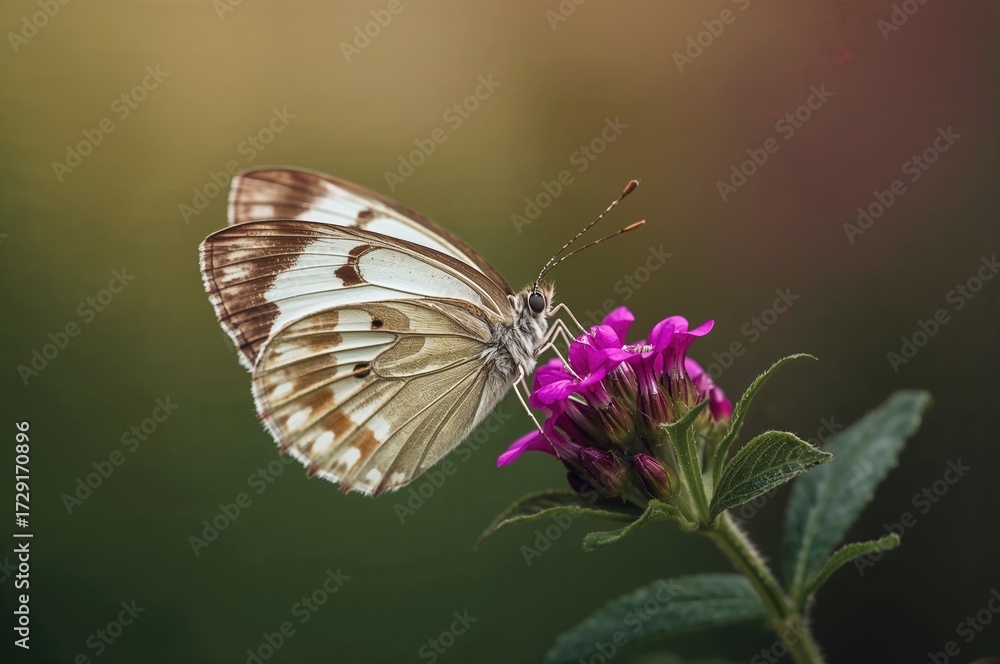 Naklejka premium Close-up of a white and brown butterfly perched on a plant with pink blossoms
