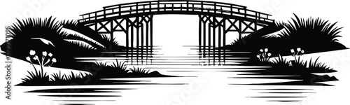 A black silhouette vector illustration of an arched wooden footbridge on an isolated white background