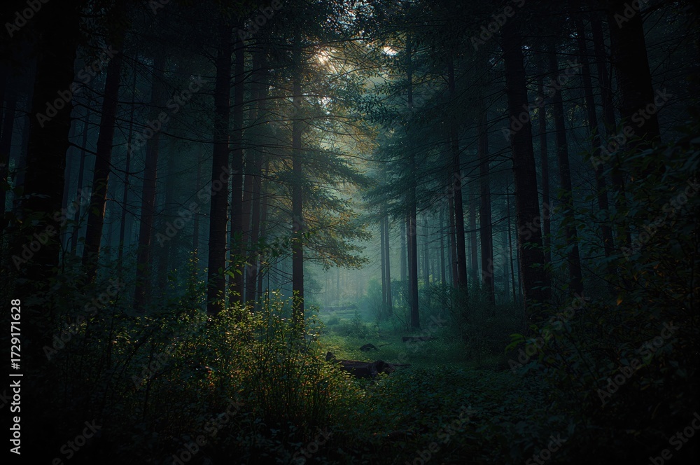 Fototapeta premium A vertical photo capturing a dense, shadowy woodland with towering trees and faint sunlight in the background