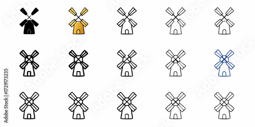 Charming windmill icons evoke rural serenity and sustainable energy, perfect for travel, agriculture, or eco-friendly designs with this versatile scalable graphic!