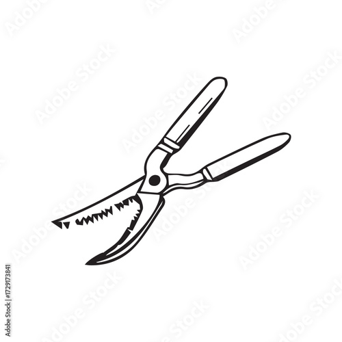 Sharp steel scissors with plastic handle on a white background, an isolated cutting tool with open blades