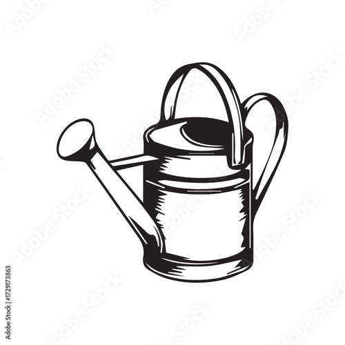 Old metallic green watering can for gardening isolated on a white background