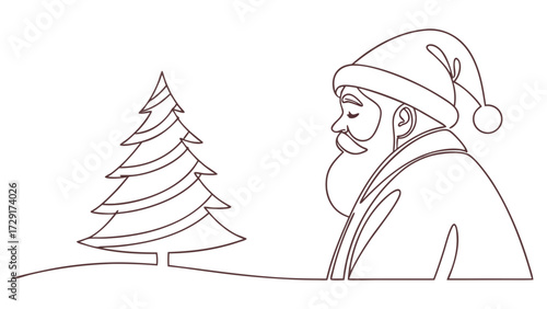 Line art illustration of Santa Claus next to a Christmas tree in a minimalist style