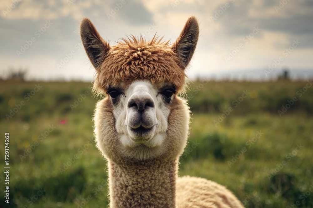 Obraz premium A close-up shot of an alpaca (Vicugna pacos) standing still for the camera. It belongs to the camelid family native to South America.
