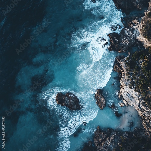 Aerial View Of Crashing Waves On Rocky Coastline With Turquoise Water image photo