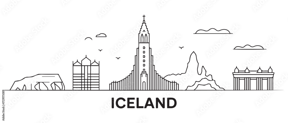 Fototapeta premium Iceland Line Art skyline. Travel Iceland famous landmarks. with white background