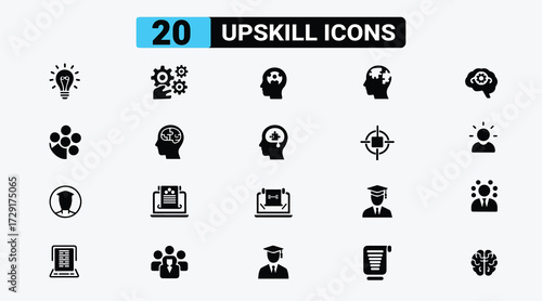Upskill  icon bundle. Upskilling, development, education, profession, reskilling, progress, strategy, skill objective, and more are available in this collection of linear icons for personal.