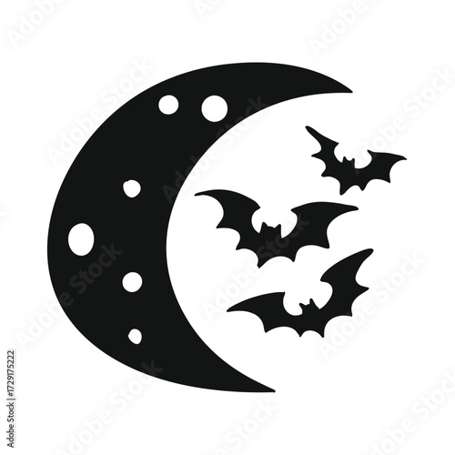 Silhouette of a crescent moon with scattered stars and a flock of bats flying across the dark night sky