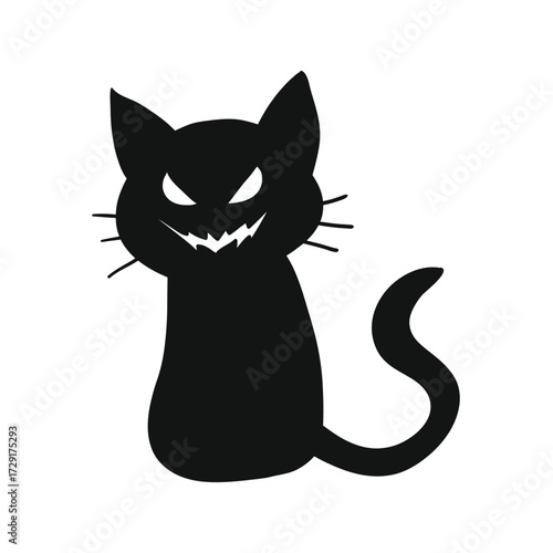 Spooky black cat silhouette with glowing eyes and sharp teeth perfect for halloween themes