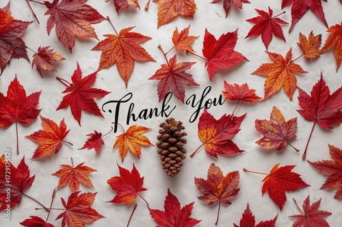 Grateful Autumn Scene Featuring Vibrant Red Leaves and Pine Cone on White Background