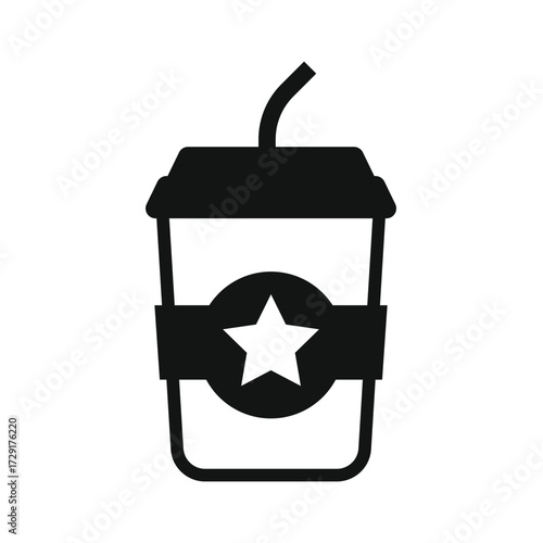 Simple black and white icon of a disposable coffee cup with a star logo and straw