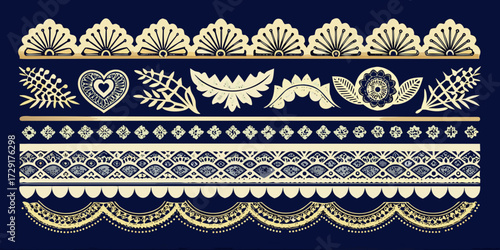 A vintage vector set of seamless floral gold ornaments and decorative ethnic line borders for retro pattern illustration design