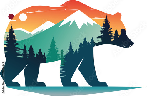 Bear silhouette double exposure with mountain landscape, pine forest, sunset sky, wildlife and nature illustration, creative animal art, wilderness adventure concept, flat vector graphic design