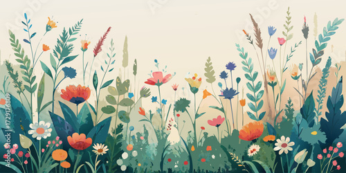 A beautiful summer field of poppies and tulips with a seamless floral pattern and colorful butterfly illustration