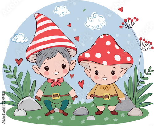 Cute goblincore characters with mushroom hats in whimsical forest scene